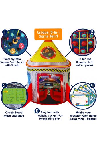5-in-1 Rocket Ship Play Tent for Kids with Dart Board